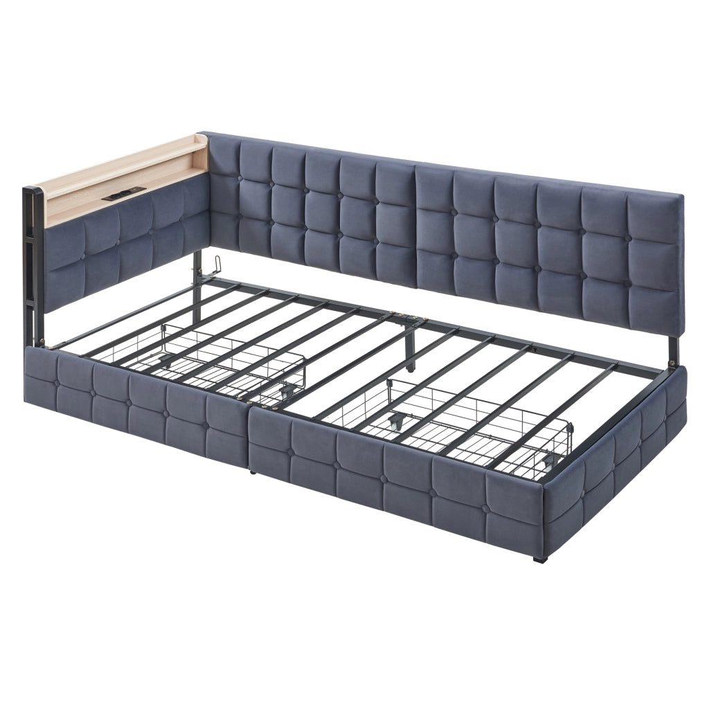Divano letto singolo 90x200 in velluto grigio con LED; prese USB e 2 cassetti