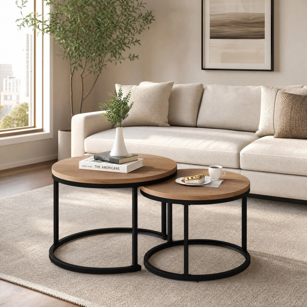 Set di tavolini rotondi impilabili in MDF effetto legno
