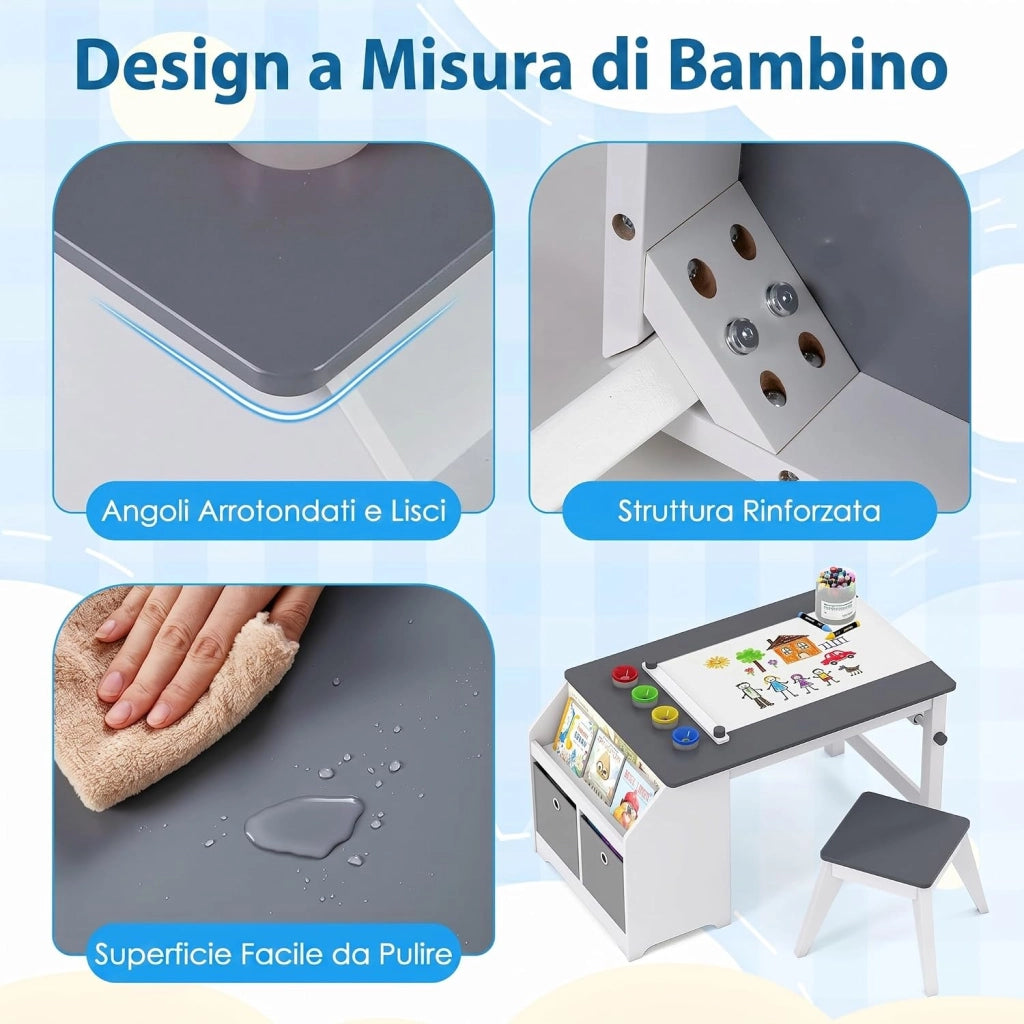 Set Tavolo e Sedia per Bambini 3+ Anni con Rotolo di Carta | Tavolo da Disegno con Sgabello, 4 Vaschette, 3 Scomparti e 2 Cassetti in Tessuto per Cameretta e Sala Giochi