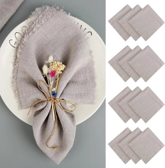 Serviette in stoffa 12 pezzi, 42 x 42 cm, serviette di lino in cotone con frange, serviette da tavola rustiche, serviette di stoffa lavabili con frange per matrimonio, compleanno e decorazione di tavola (grigio chiaro)
