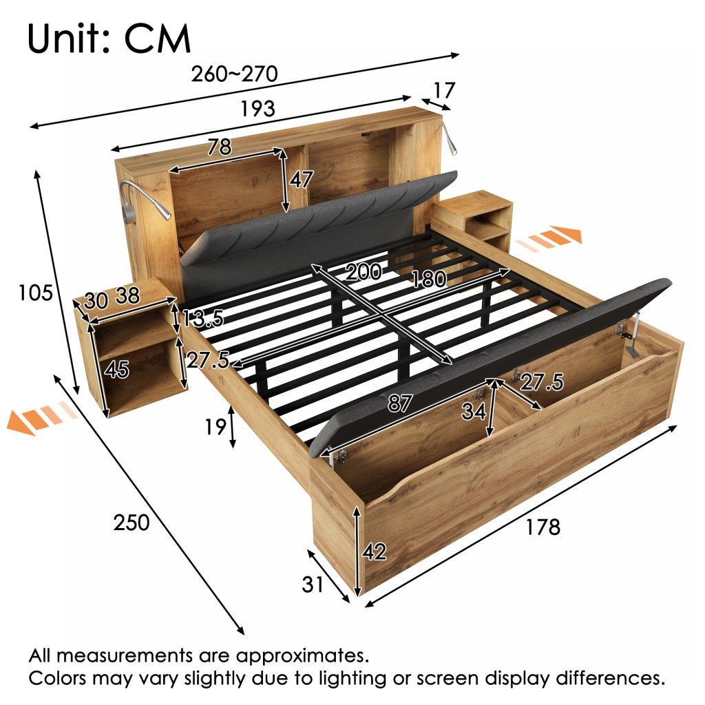 Letto in legno quercia 180x200 testiera in lino comodini panca lampade USB doghe
