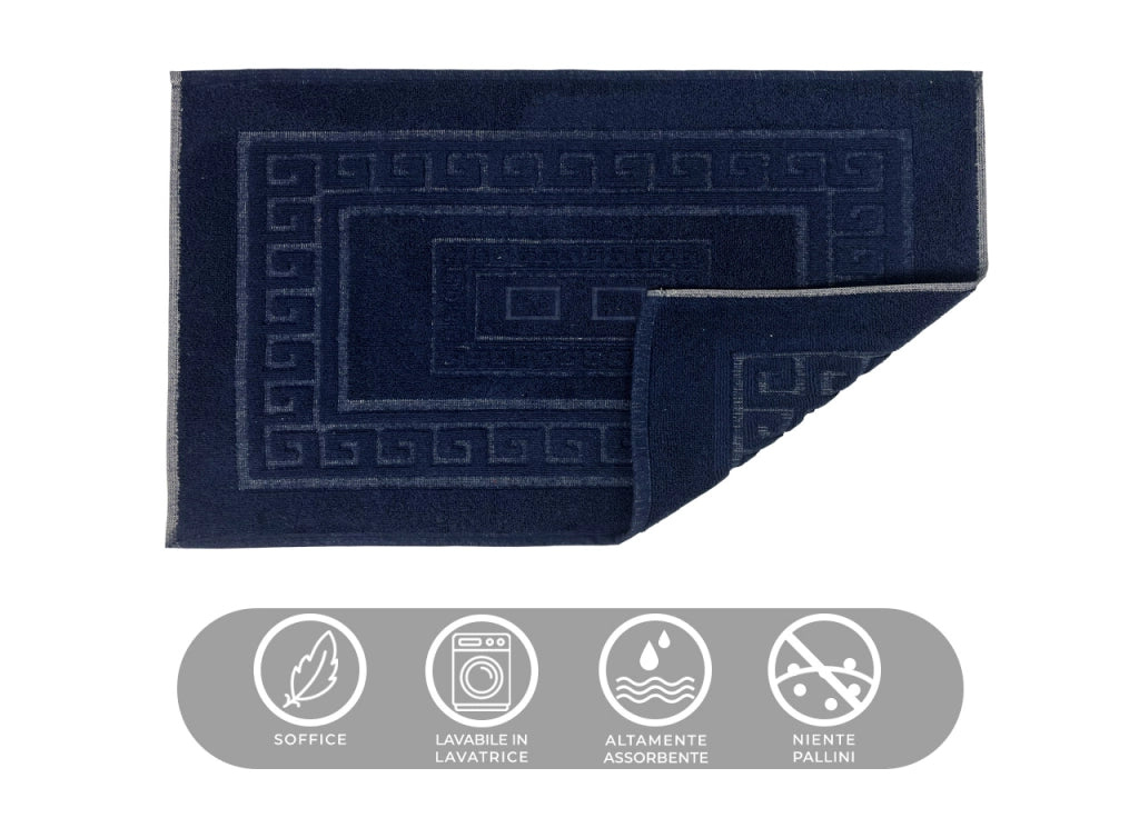 Tappeto Bagno Doccia Spugna Tinta Unita Torino Tappetino Super Assorbente In Cotone Pelo Corto Con Greca - 45x60 - Blu Notte