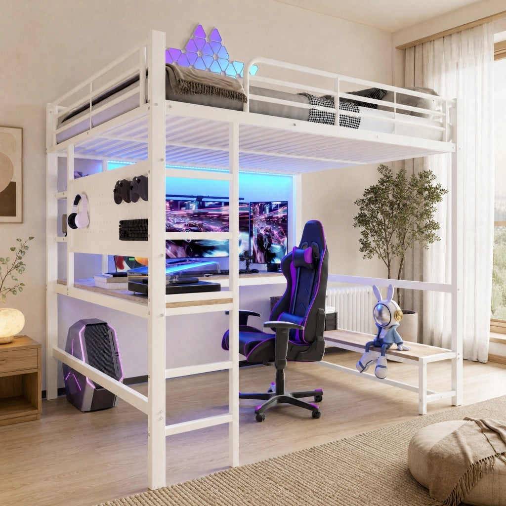 DESMIU Letto a soppalco matrimoniale con scrivania, mensole, USB, Type-C e LED 140 × 200 cm senza materasso