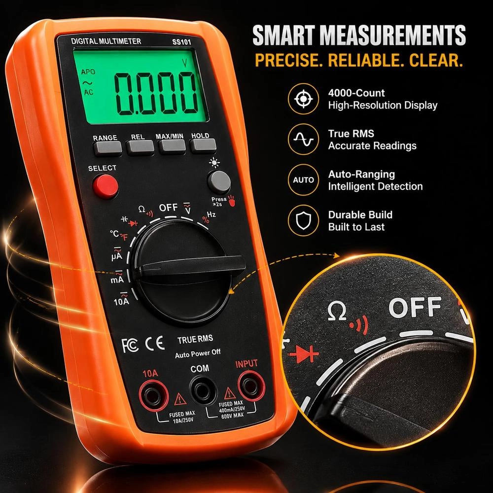 Digital Multimeter, 4000-count TRMS DC/AC Voltmeter Current Tester, Auto-ranging Multimeter For Current, Voltage, Resistance, Capacitance, Temperature, Diodes, Continuity, Duty Cycle