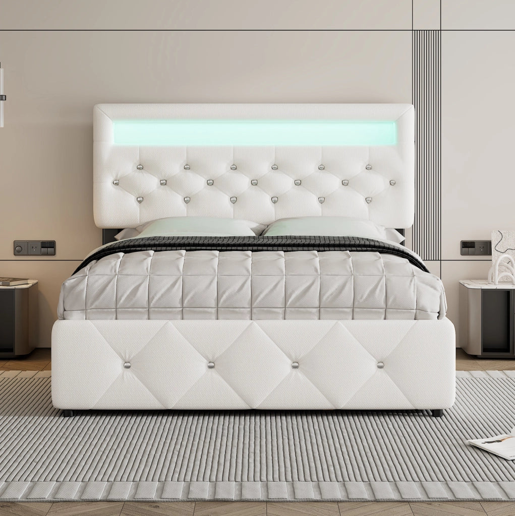 Letto matrimoniale 140x200 cm con cassetti e letto estraibile; imbottito; bianco