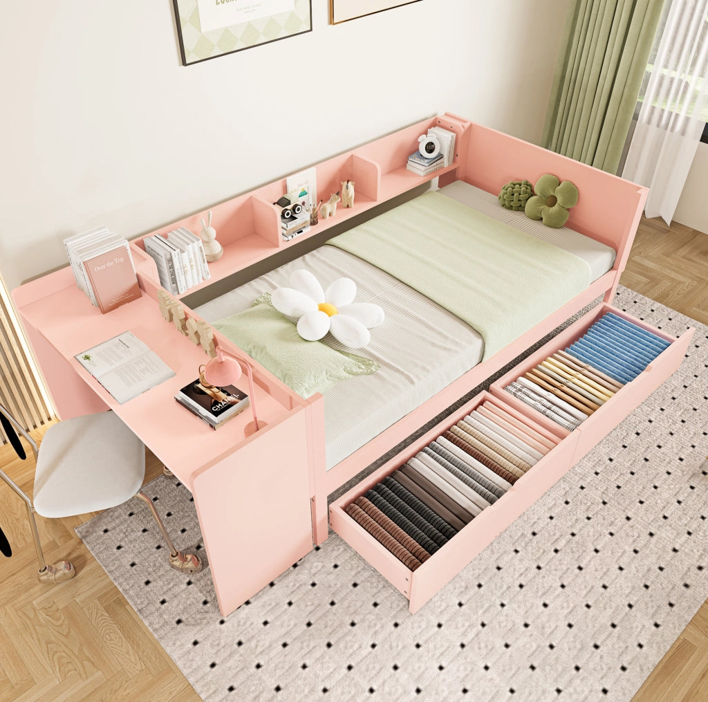 Letto singolo 90x200 cm con scrivania; 2 cassetti e 3 ripiani in legno di pino e truciolare