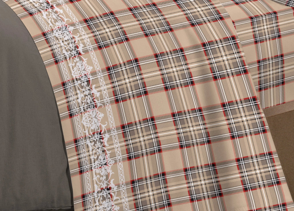 Completo Lenzuola Linea Pensieri Delicati 100% Cotone Disegno Orsetto Tartan - Singolo - Beige