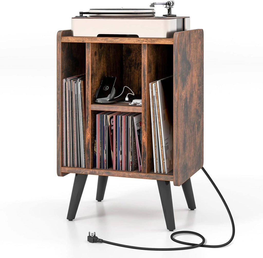 Tavolino da Letto Mobile Giradischi con Base di Ricarica, Comodino Camera da Lettocon Scomparti in Vinile, Comodino Smart per Soggiorno, Camera da Letto, Marrone, 43x34,5x67,5 cm
