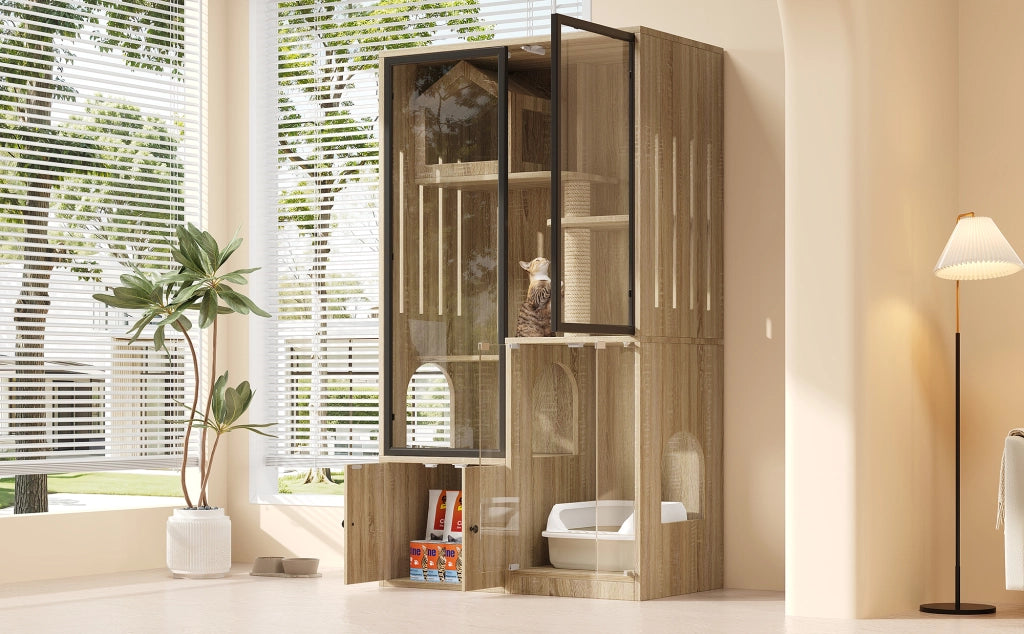 Recinto per gatti a 4 livelli in MDF e vetro temperato, 90 x 50 x 160 cm, colore naturale