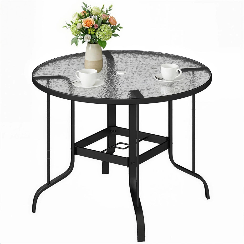 Tavolino da Giardino Rotondo con Foro per Ombrellone, in Metallo e Vetro Temperato, ?96.5x71 cm, Nero