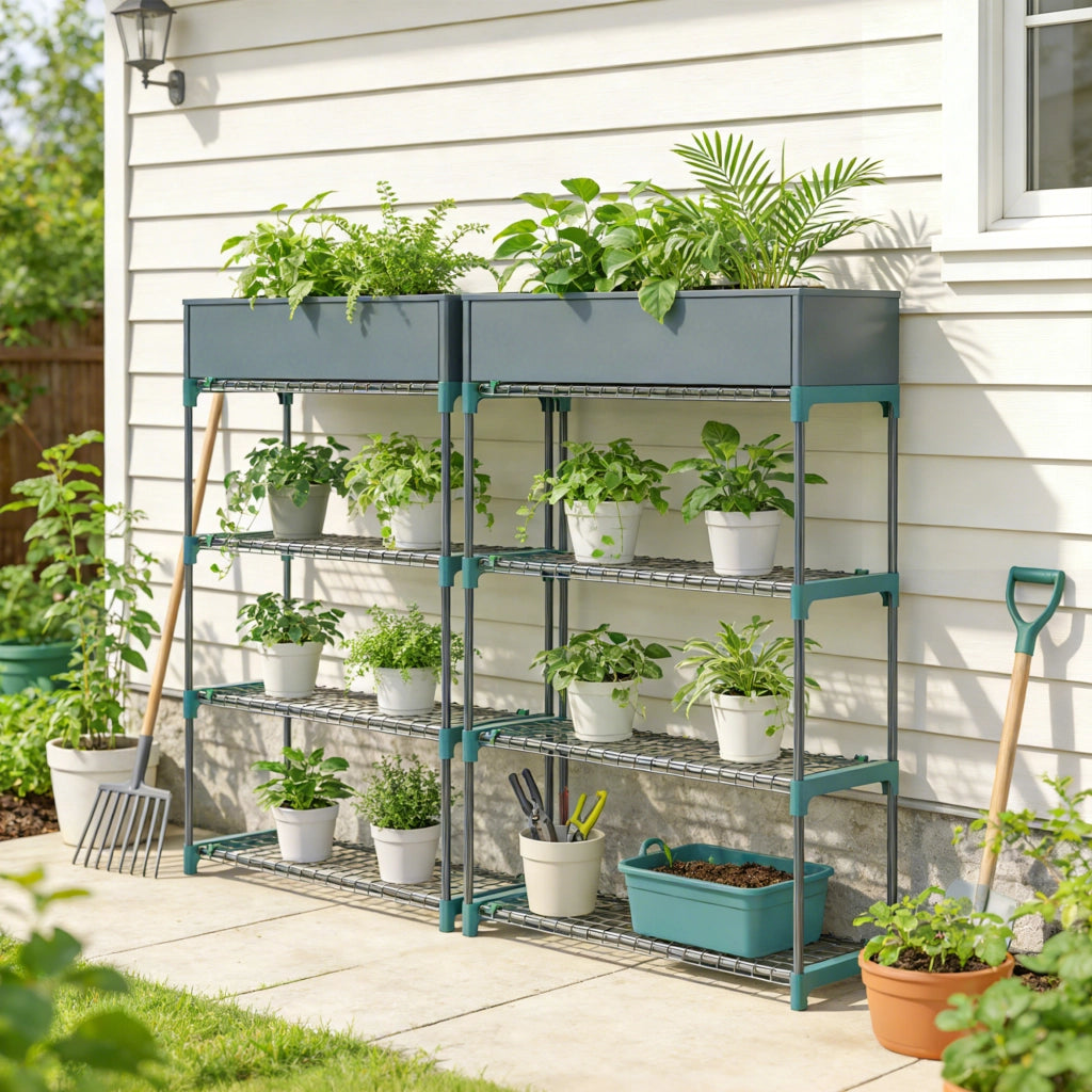 Set di 2 Scaffali per Piante a 4 Livelli 90x28x104 cm con Ganci in Acciaio Verde