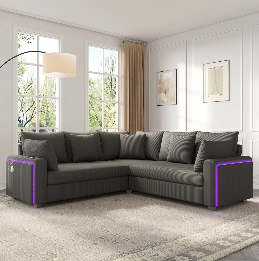 Divano angolare modulare con LED Bluetooth; USB e USB-C; in velluto a coste grigio; 198×198 cm