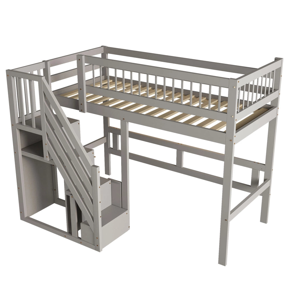 Letto a soppalco 90x200 cm con scala portaoggetti in legno grigio