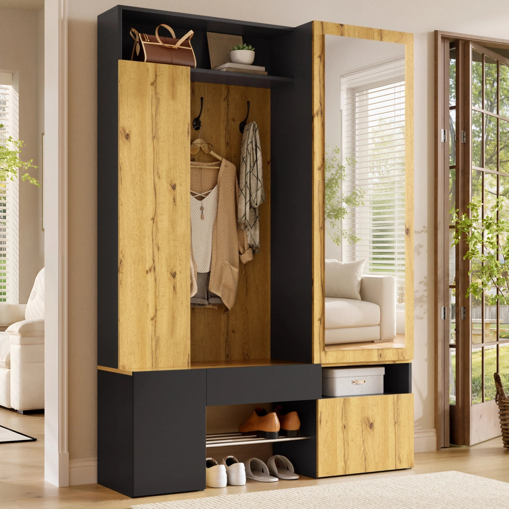 Guardaroba da ingresso con specchio; scarpiera e appendiabiti in MDF nero e naturale