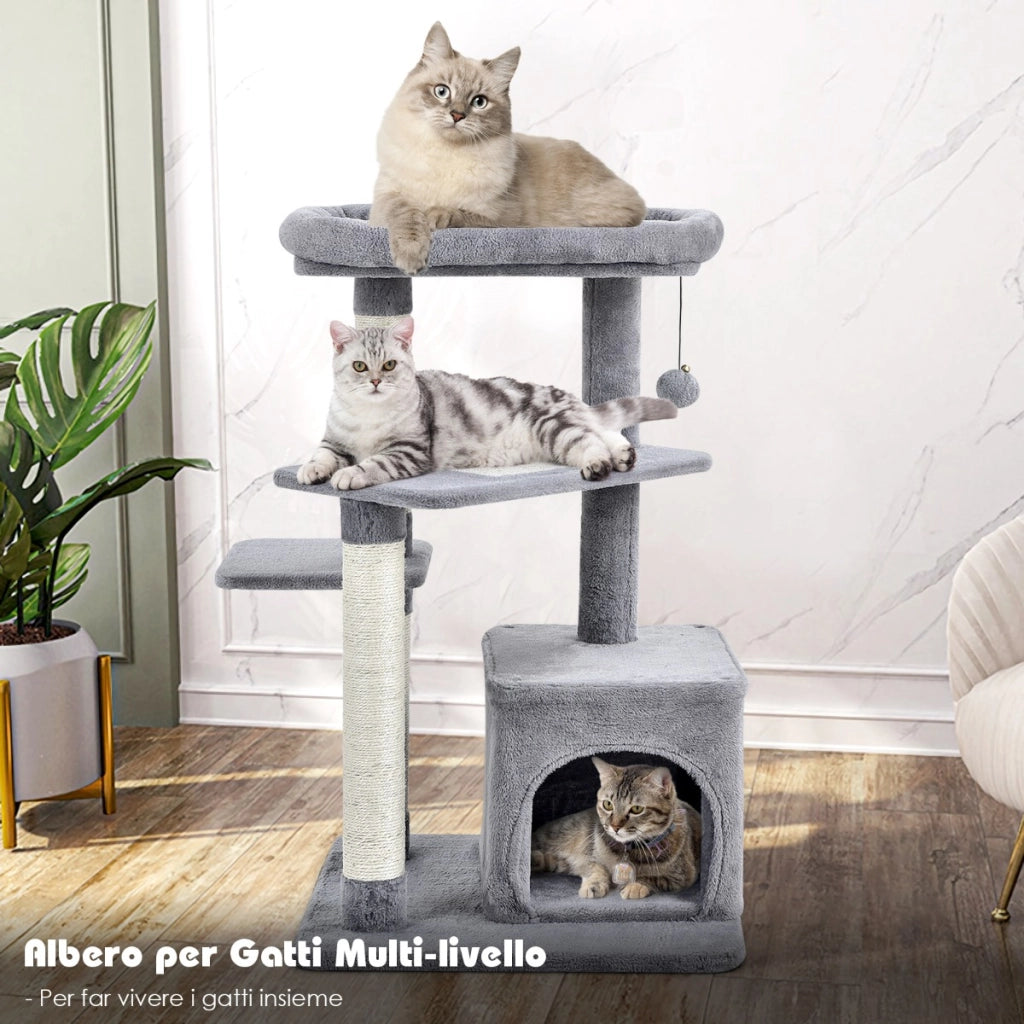 Albero per gatti a 4 piani con tiragraffi e pallina di peluche, Torre per gatti con piattaforma per saltare Grigio