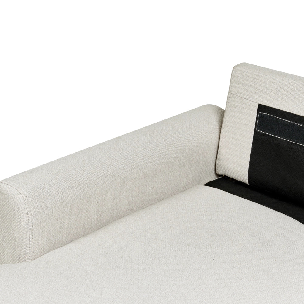 Divano letto angolare con contenitore lato destro beige chiaro rivestimento in poliestere effetto lino contenitore cuscini design moderno