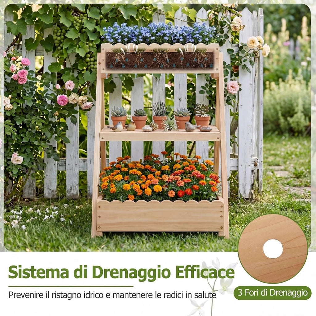 Orto Rialzato da Giardino a 3 Livelli, Fioriera Rialzata in Legno Massello con 3 Vasi e 2 Ripiani, Fioriere Verticali a Scale da Esterno e Interno per Balcone e Terrazza, 66 x 58 x 60 cm