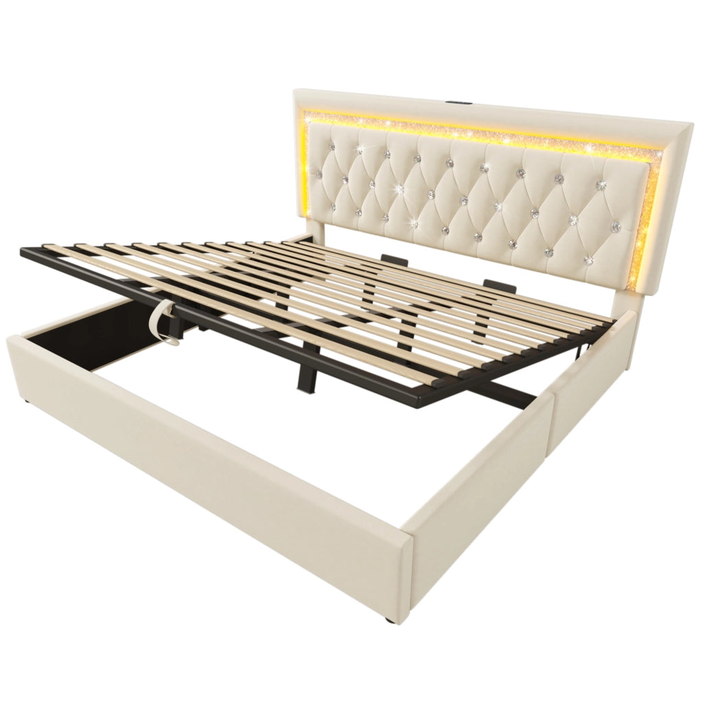 Letto matrimoniale 180x200 cm in velluto beige con LED; testiera regolabile e contenitore