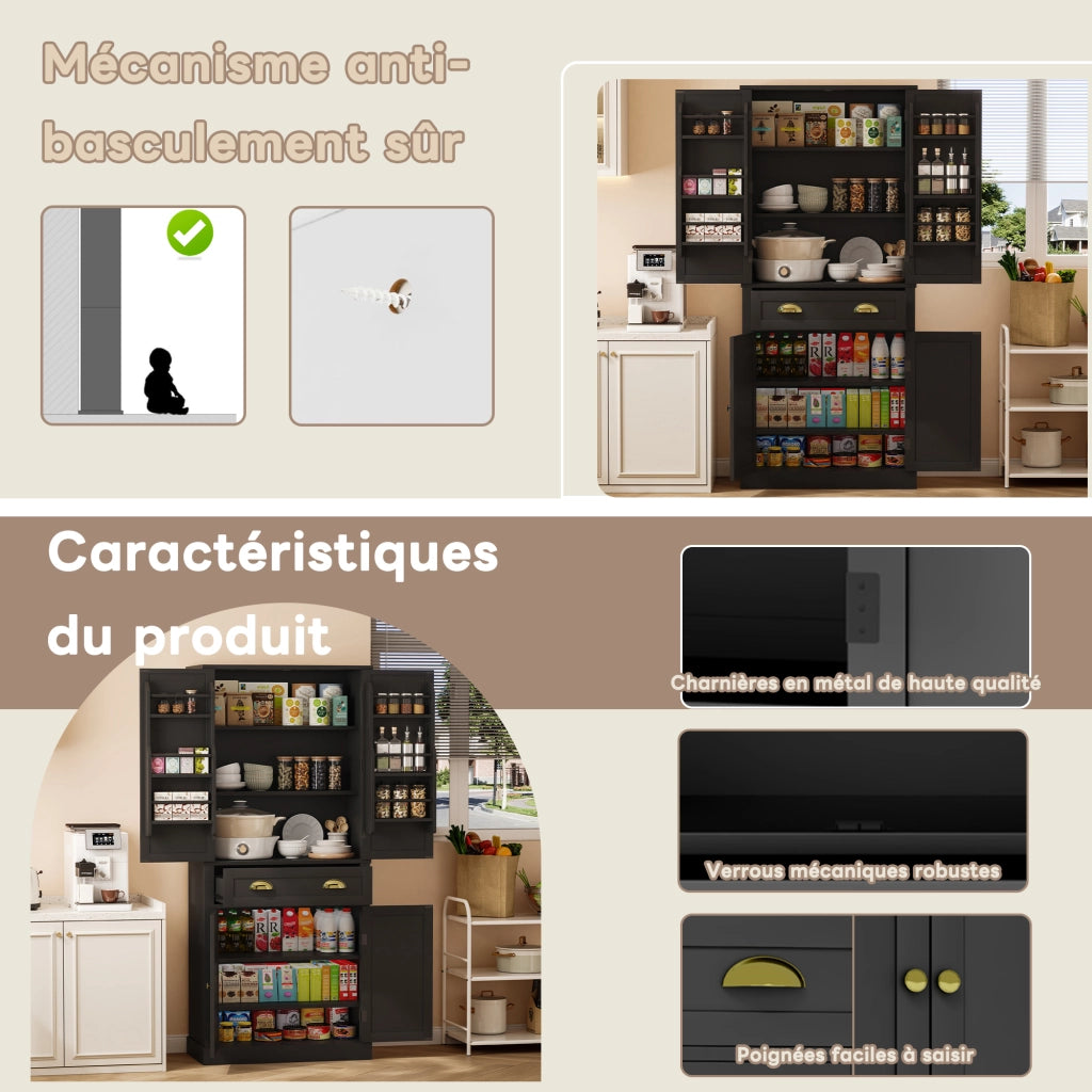Credenza da Cucina Alta con 4 Ante; 1 Cassetto e 4 Ripiani Regolabili; in MDF; Nero; 80 x 40 x 182 cm
