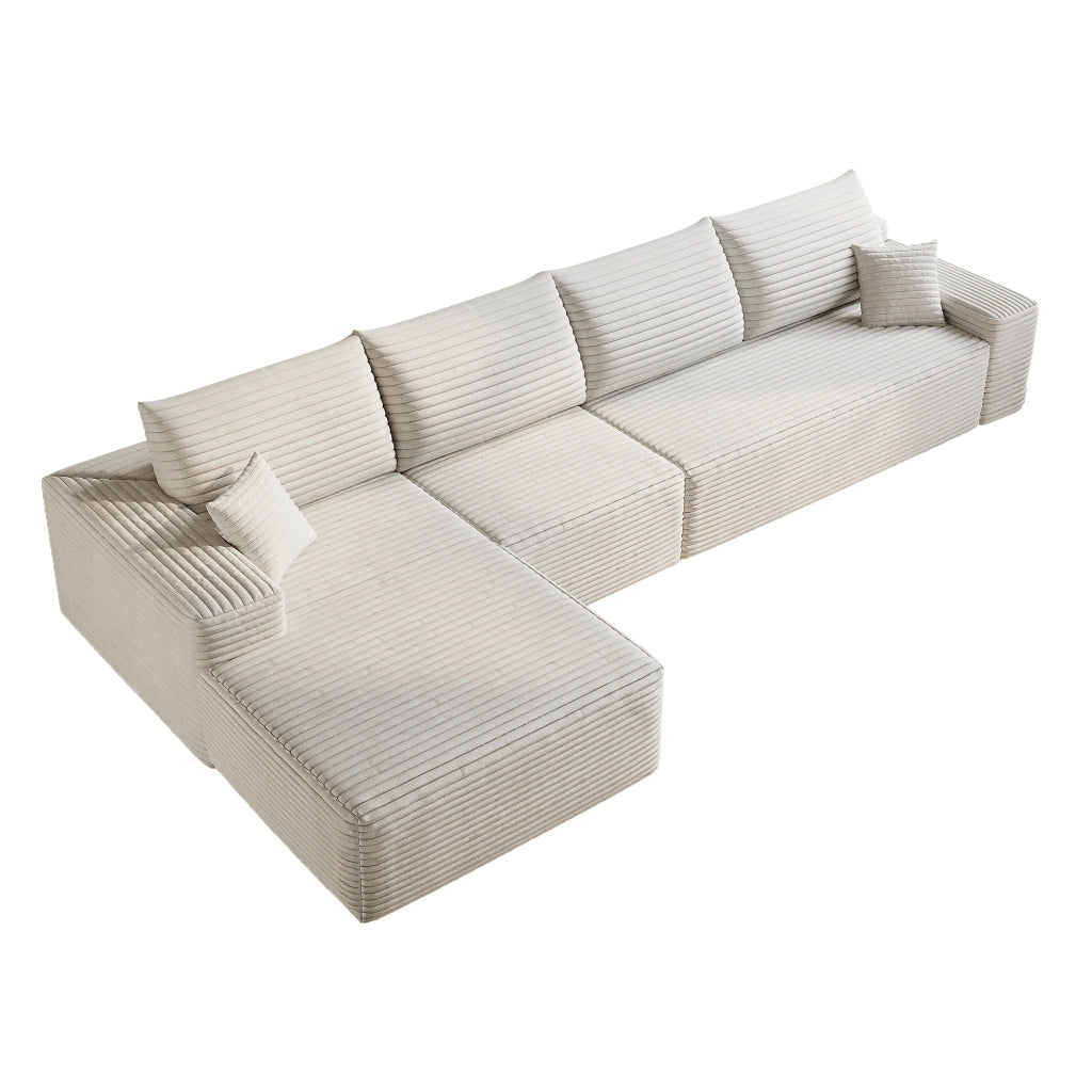 Divano modulare con chaise longue; seduta profonda e montaggio semplice in tessuto a coste bianco