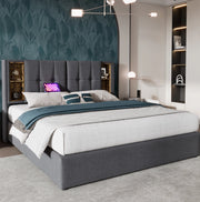 Letto matrimoniale imbottito 160x200 cm grigio con ricarica wireless; USB e contenitore