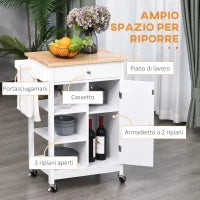 Carrello da Cucina Salvaspazio in MDF con Piano di Lavoro in Legno di Gomma, Cassetto, Armadietto, 3 Mensole, Ripiani Regolabili, Porta Strofinacci e Ruote Girevole, 66x39.5x86.5cm, Bianco