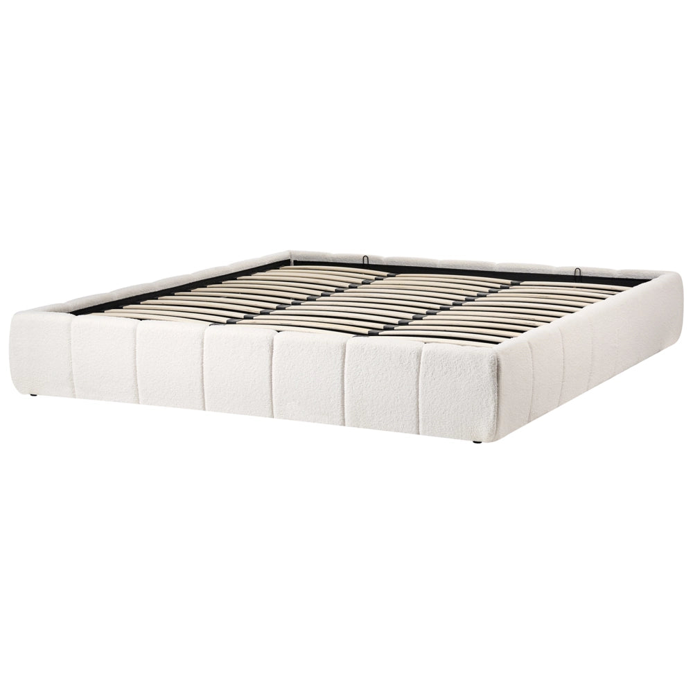 Letto matrimoniale in tessuto bouclè bianco sporco imbottita, con contenitore e panca 180x200 cm design moderno