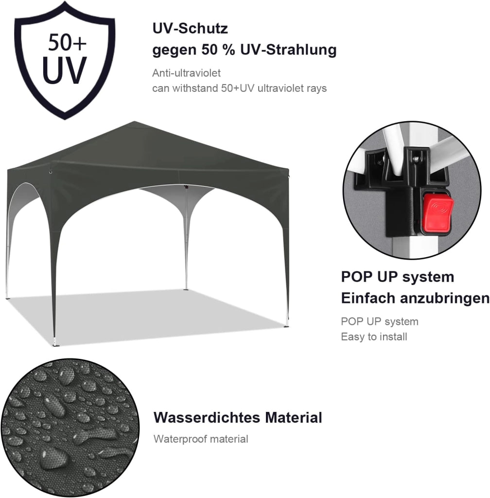 Gazebo da Giardino Richiudibile 3x3m Gazebo Esterno in Ferro Regolabile in Altezza Tendone con Soffitto Semicircolare Pieghevole Protezione Solare, Tende per eventi Facile da Montare Grigio
