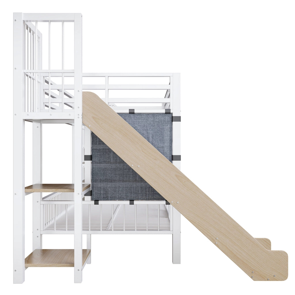 Letto a soppalco per bambini in metallo con scivolo, scala contenitore e ripiani integrati, 90x200 cm, bianco