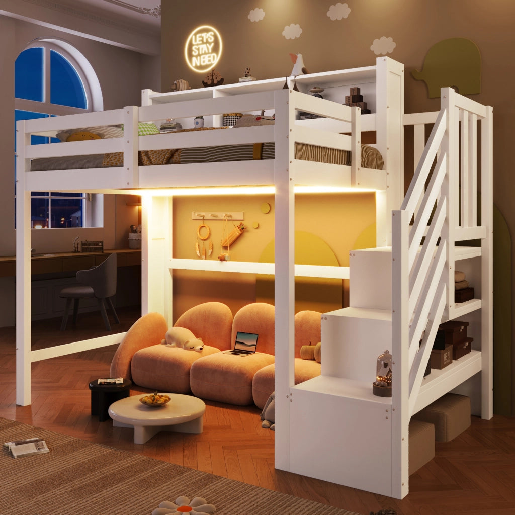 LETTO A CASTELLO ALTO 90x200 cm con LED, pino e MDF bianco