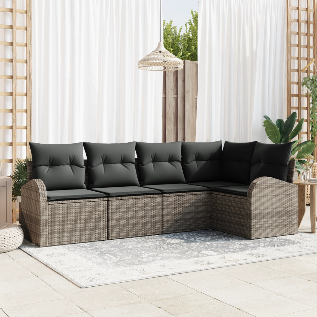 Set Divano da Giardino da 5 Pezzi con Cuscini Grigio in Polirattan