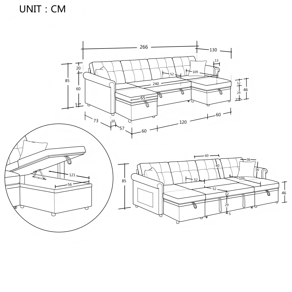Divano panoramico a U con funzione letto e contenitore doppio tasca laterale cuscini in chenille beige