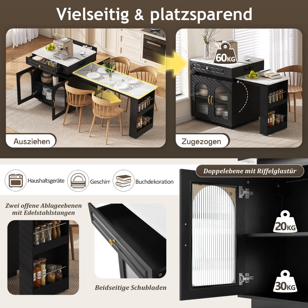 Tavolo da pranzo - isola cucina su ruote - estraibile con LED - bar con prese - nero - anta e sideboard