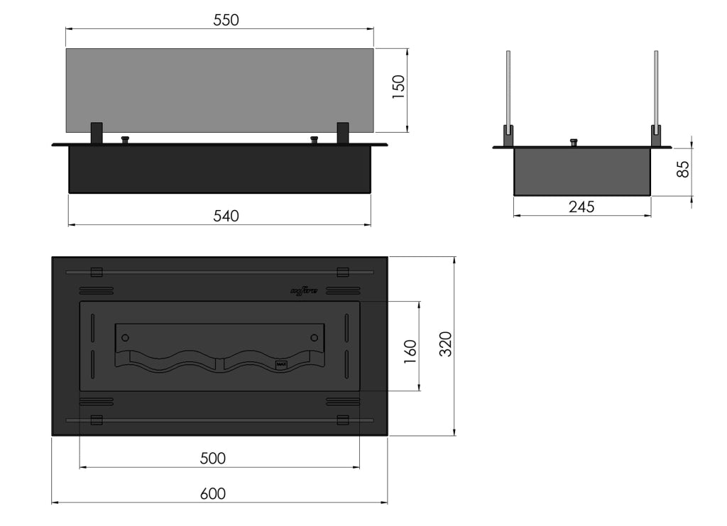 Bruciatore a Bioetanolo da Incasso 60x32x15 cm Insert Slim 600 Nero con Vetro