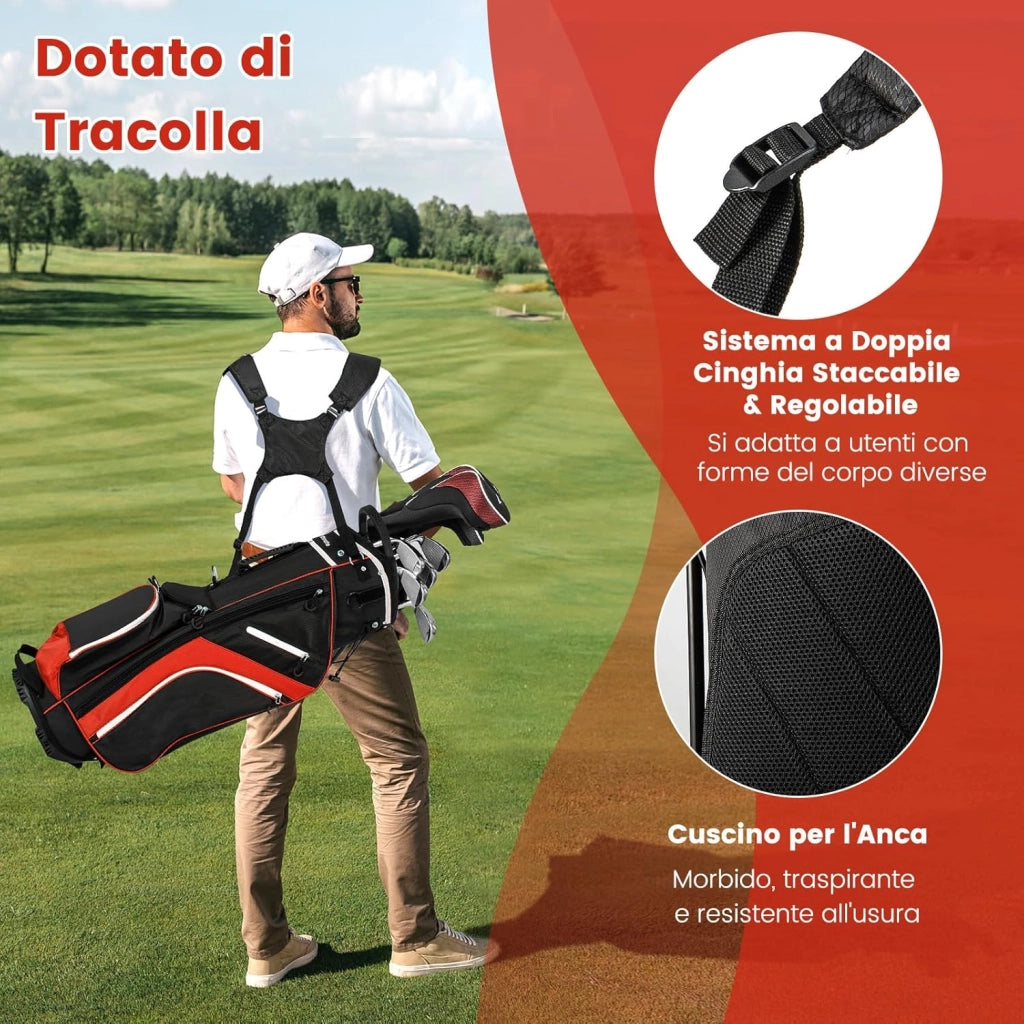 Sacca per Mazze da Golf, Borsa da Golf con Supporto, Divisori a 14 Vie, 6 Tasche, Borsa Frigo, Doppia Tracolla e Cappuccio Antipioggia, Ideale per Uomini e Donne
