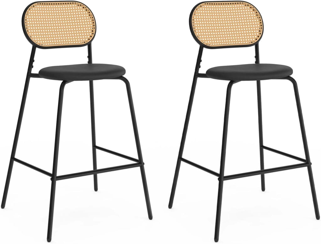 Set di 2 sgabelli da bar vintage CLOTILDE in metallo nero con schienale in canna