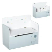 Panca Contenitore con Schienale in Legno per Bambini da 3-6 Anni, 60x30x50 cm, Azzurro