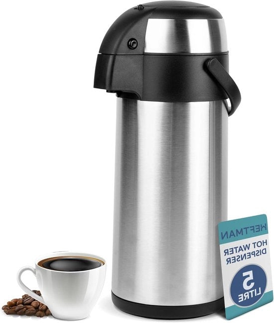 Pompa azionata a doppio muro in acciaio inossidabile per caraffa da caffè e tè con base rotante 360°, maniglia di trasporto e chiusura di sicurezza, coperchio rimovibile (5 L)
