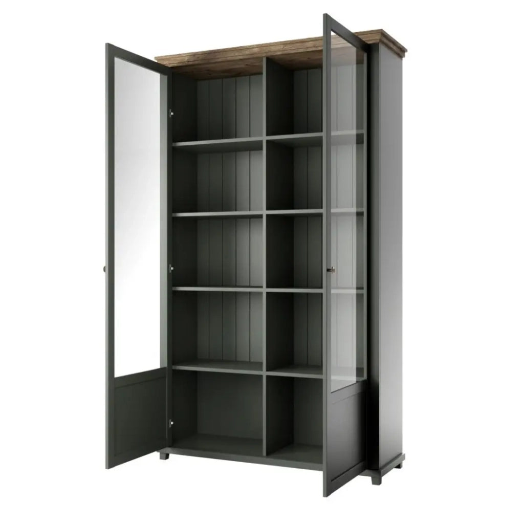 Vetrina larga a 2 porte con LED integrati collezione ASSIA. Colore verde e rovere.