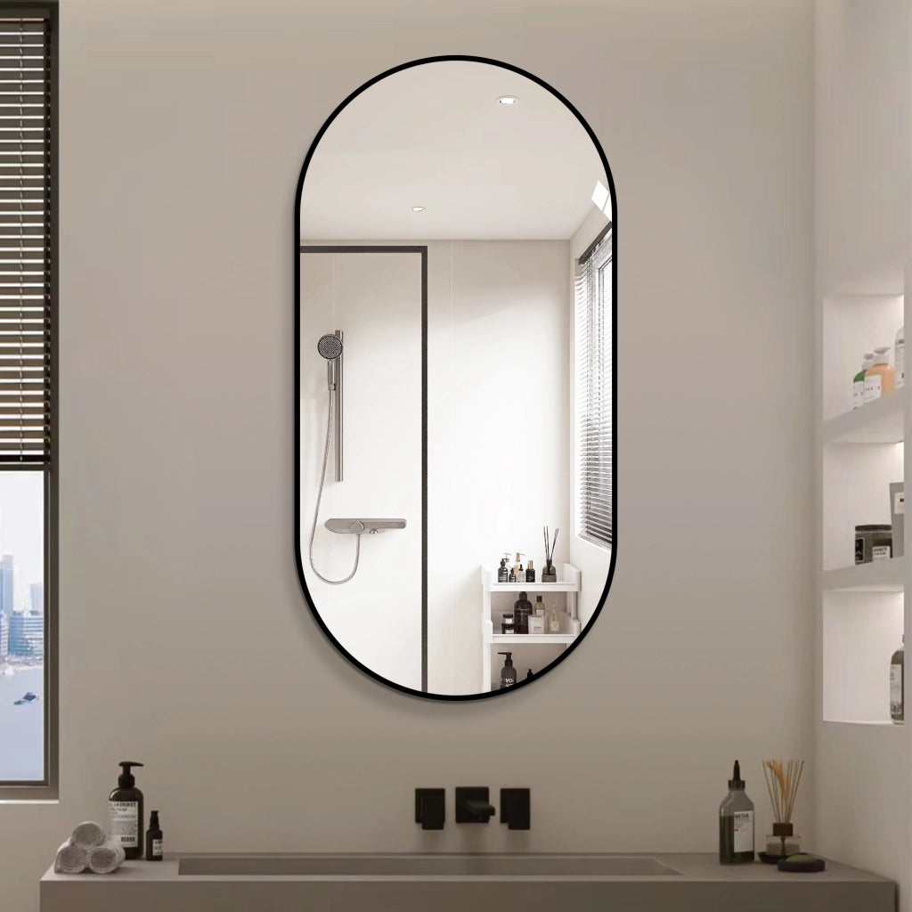 SPECCHIO ad arco 60x120 cm con cornice in alluminio nero, installazione verticale o orizzontale