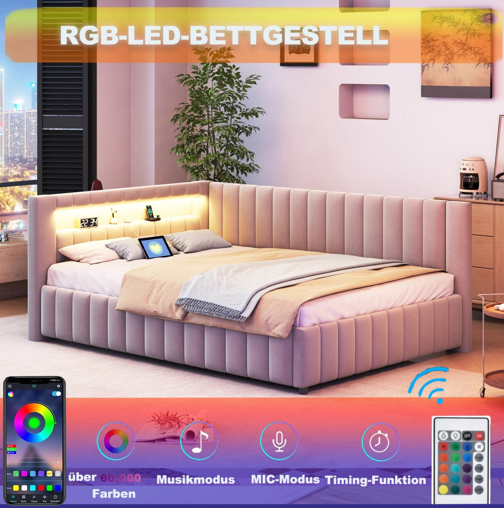 LETTO imbottito L 140x200 cm in velluto grigio con LED e porta USB