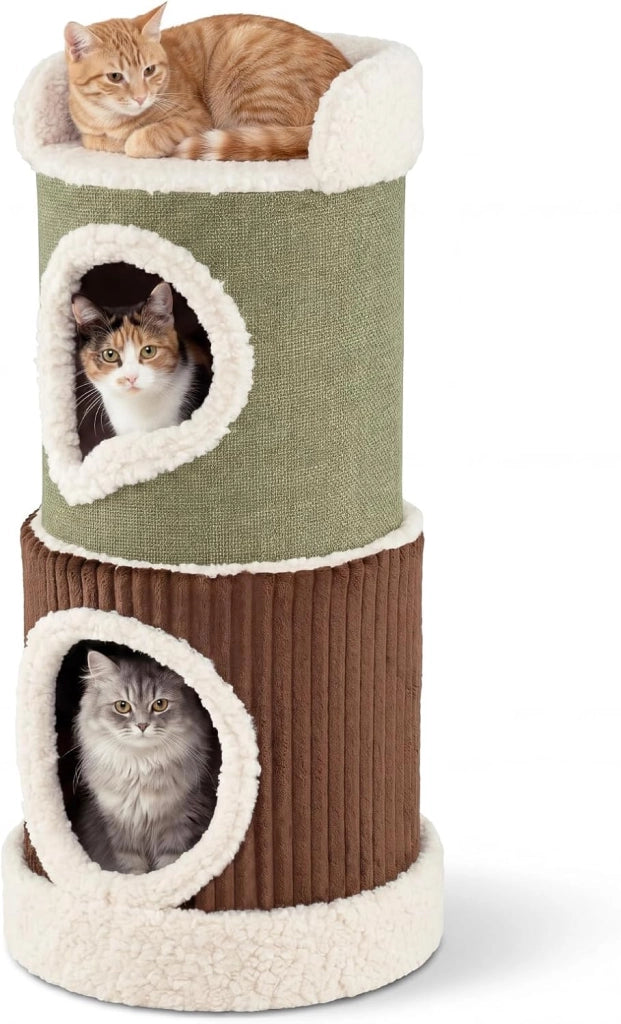 Tiragraffi per Gatti a 2 Livelli, Cuccia Cilindro in Velluto Morbido con Trespolo Superiore, 2 Casette Spaziose e Base Rotonda Rimovibile, Centro Attivitàper Gatti, 41 x 41 x 85 cm