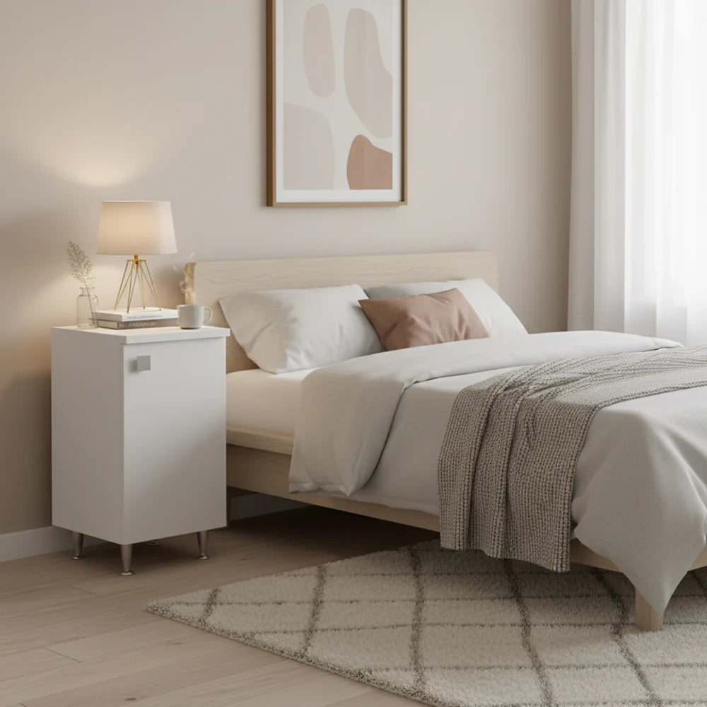 Mobiletto Base 1 Anta Destra Bianco Frassinato | Armadietto Multiuso con Piedini in Metallo | Profondità 50 cm | Già Assemblato per Bagno, Lavanderia, Ingresso