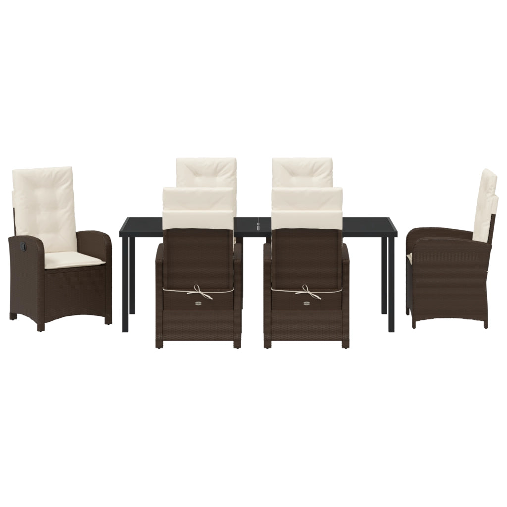 Set da Pranzo da Giardino da 7 Pezzi con Cuscini Marrone Rattan Poliestere