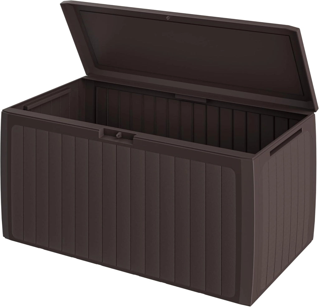 ® Baule da Giardino 117x47x60cm Aspetto Legno 290L Box Multiuso Multibox Cuscini 6 Ruote Coperchio Esterno