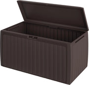® Baule da Giardino 117x47x60cm Aspetto Legno 290L Box Multiuso Multibox Cuscini 6 Ruote Coperchio Esterno