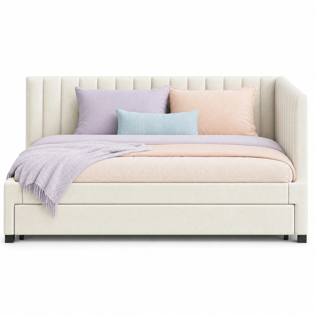 Letto imbottito 90x200 estraibile con rete a doghe, beige