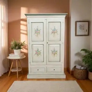 Armadio Verona in legno bianco anticato decorato fiori filo verde