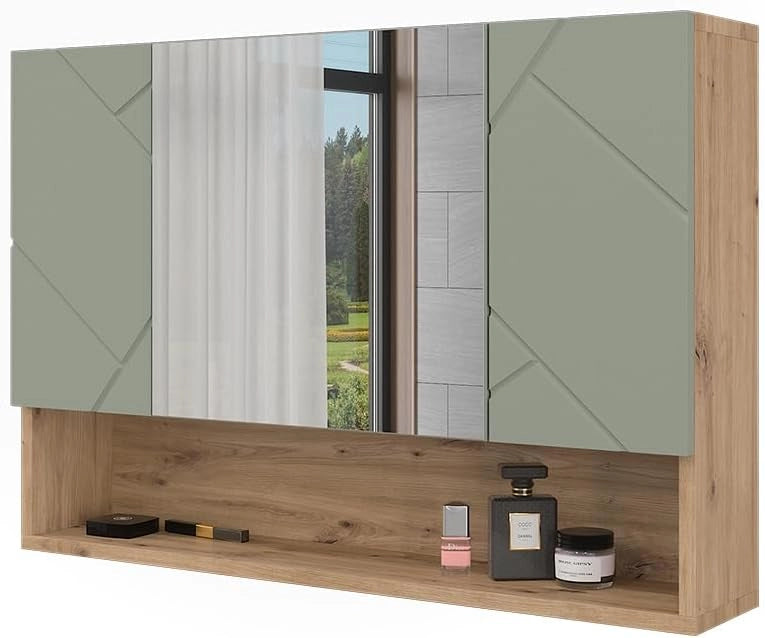 Specchio contenitore bagno Irma, Verde salvia, 80.1 x 55 cm, con specchio e ripiani aperti per montaggio a parete