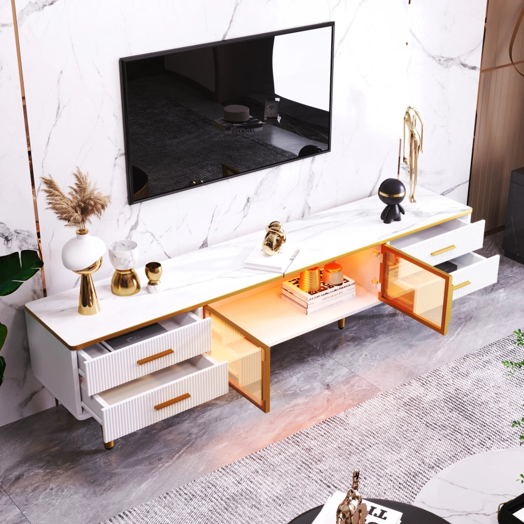 OKWISH Set 2 Pezzi Mobile TV e Tavolino da Salotto, con LED, Cassetti e Ante, Pannello di Particelle Bianco
